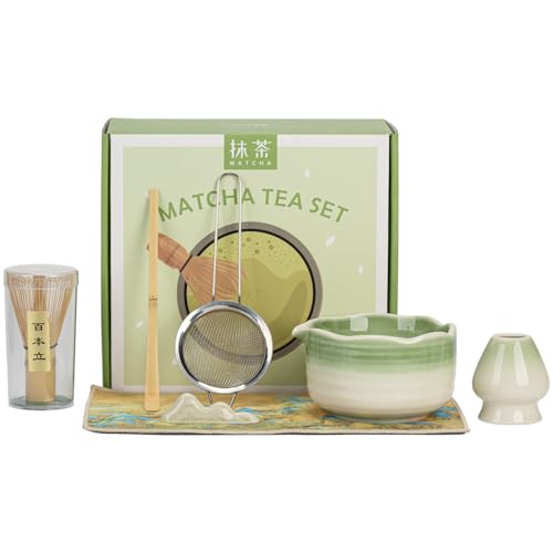 Neuytiky Matcha Set,Matcha Tea Set 7 Piece Matcha Besen Set,Matcha-Besen, Matcha-Schale, Matcha Filtersieb, Halter,Teetuchunterlage,Chasen und Matcha Löffel, Matcha Zubehör für die Teezeremonie von Neuytiky