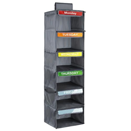 NevPuose Kids Closet Organizer-Wochentag Kleidungsstaber, 6-tierende Hängsteiler | Kompakte vertikale Stoffregale mit Taschen, bis Samstag Garderobe Planer, faltbares Kleidungsstapelsystem für ROF von NevPuose