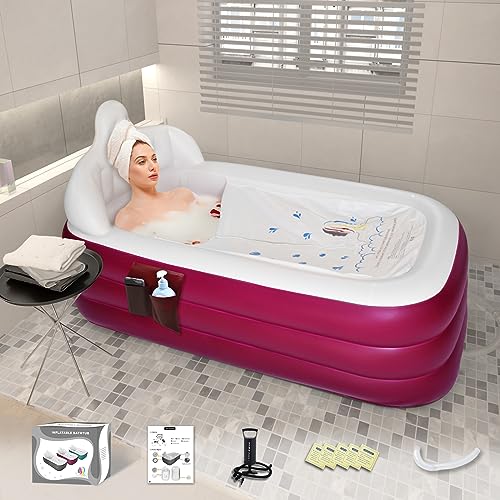 Nevife Inflatable Blow Up Bathtub with Comfortable Bath Base,faltbare/portable freistehende Badewanne für Erwachsenen-Spa, ideal für heiße Bäder/Eisbäder 160x90x50cm(burgunderrot） von Nevife