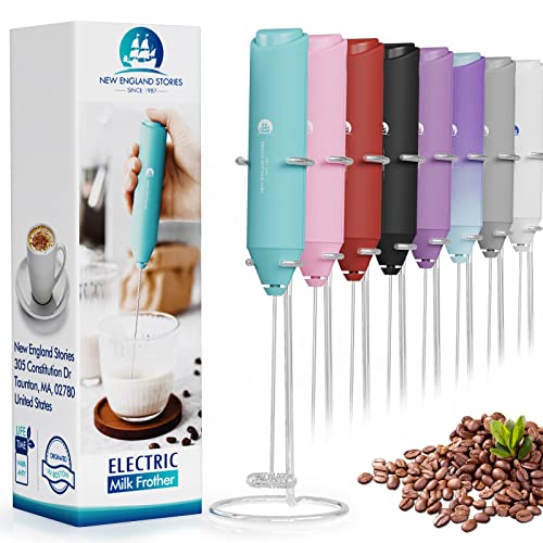 Leistungsstarker Milchaufschäumer Handheld Foam Maker Mini Schneebesen Getränkemischer für Kaffee, Cappuccino, Latte, Matcha, heiße Schokolade, mit Ständer, Aqua von New England Stories