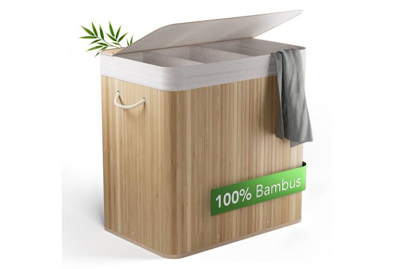 New Habitat Wäschekorb Bambus Wäschekorb 3 Fächer, 170L Wäschesammler mit Deckel & Sack von New Habitat