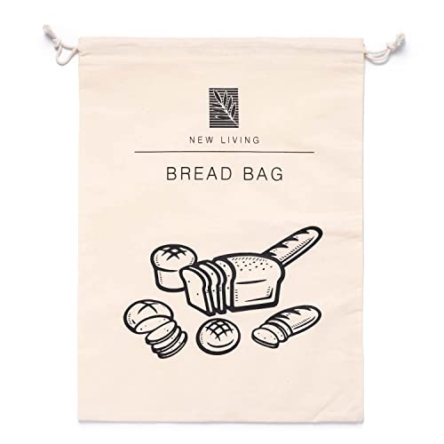 Brotbeutel Größe 44x35 cm | GOTS-zertifizierte Baumwolle mit lebensmittelechtem Kunststofffutter Brotbeutel | Einzeln oder 2 Stück | Macht Brot länger haltbar | Ökoprodukt (1) von New Living