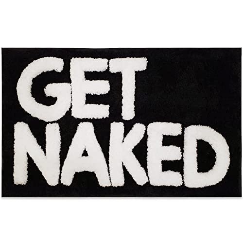 New Mungo Get Naked Badematte, niedlicher Badezimmerteppich mit weißen Buchstaben für Wohnungsdekoration, lustiges Schwarz, Teppich für Badezimmer, 78,7 x 50,8 cm von New Mungo