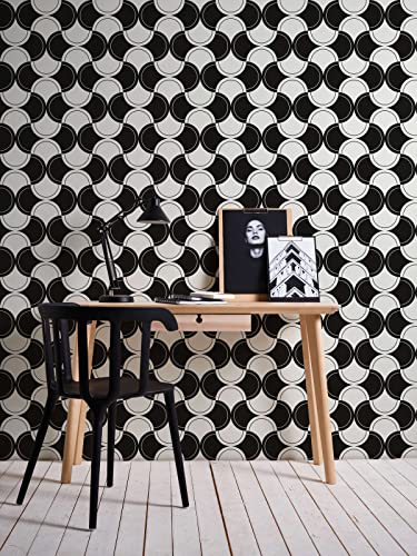 New Walls Retro Tapete 70er Stil Vliestapete schwarz weiß geometrisches Kreismuster | 10,05 x 0,53 m von New Walls