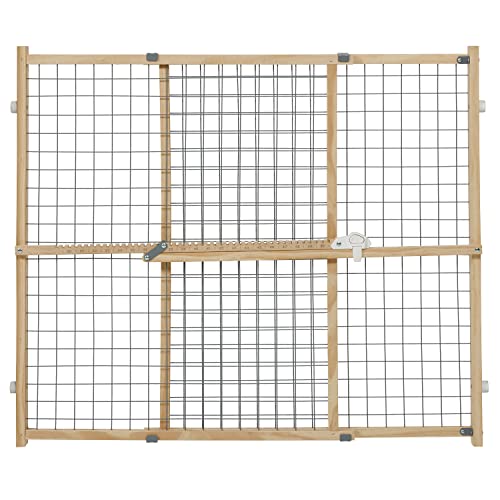 New World B2932WWM-2 Haustier-Absperrung, Holz, extra breit, keine Schäden an Wand, kein Werkzeug nötig, patentierter Sperrarm, Hundetor 81 x 74–127 cm (H x B), natürliches Holz/hellgraues Gitter von New World