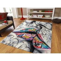 Kuss Teppich, Graffiti Bunter Lippen Thema Muster Pop Art Kussmuster Weicher Bereich Bodenteppich von NewCarpetWorld