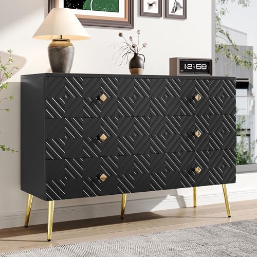 Moderner 6-Schubladen-Kommode – 120x40x80cm – Elegantes Schwarz mit Gold – Metallbeine für Stabilität – Perfekt für Schlafzimmer & Wohnzimmer von NewCosmos