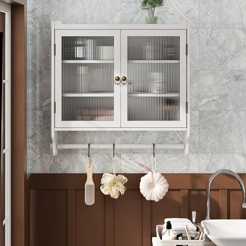 NewCosmos 60CM Glass Door Vintage Double Door Wall Cabinet with Three Tiers of Storage with Towel Rack, for Bathroom, Kitchen,Dining Room, White Washed NewCosmos 60CM Glass Door Vintage Double Door Wall Cabinet with Three Tiers of Storage with Towel Rack, for Bathroom, Kitchen,Dining Room, White Washed von NewCosmos