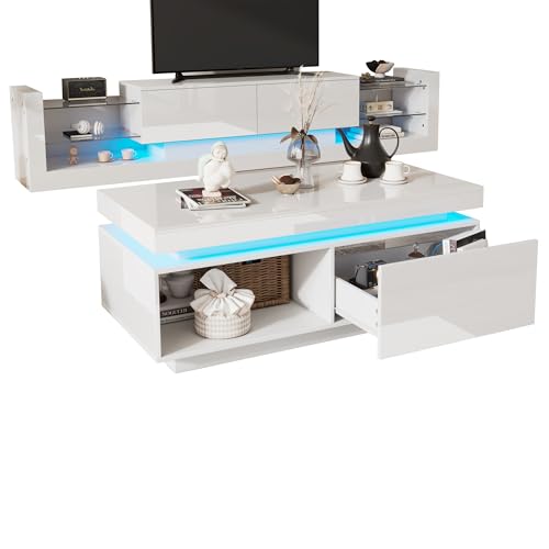 NewCosmos Hochglanz TV-Schrank-Set mit Couchtisch | Weiß | Wohnzimmer Wand-Set von NewCosmos