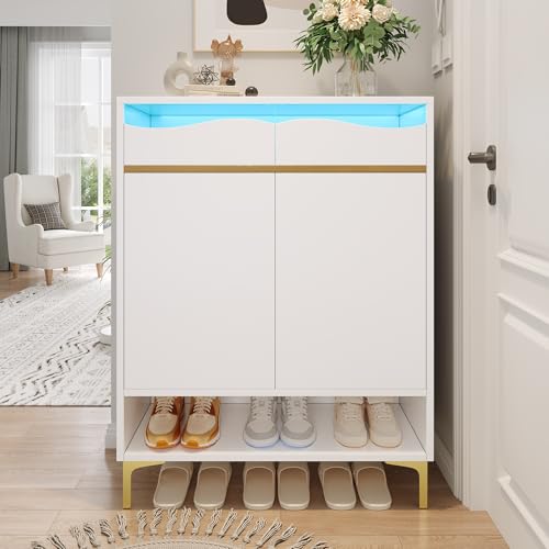 NewCosmos Moderner weißer Schuhschrank mit LED 16 Farben – Platzsparender Flurschrank 80×35×105 cm mit Schubladen & Ablagen – Stauraum, Design, Beleuchtung für Flur, Wohnzimmer & Eingangsbereich von NewCosmos