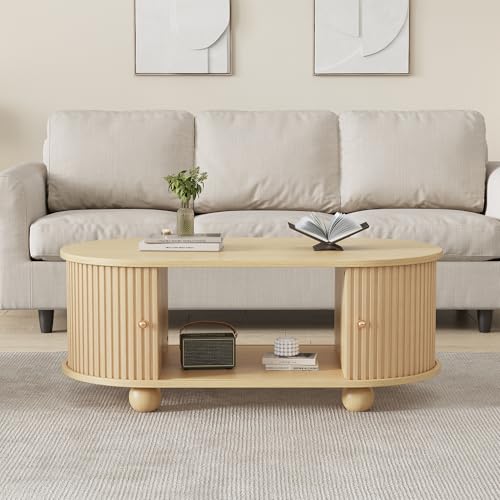 NewCosmos Ovaler Couchtisch mit Stauraum und Schiebetüren platzsparendes Multifunktionsmöbel in Holzfarben NewCosmos Ovaler Couchtisch mit Stauraum und Schiebetüren platzsparendes Multifunktionsmöbel in Holzfarben von NewCosmos