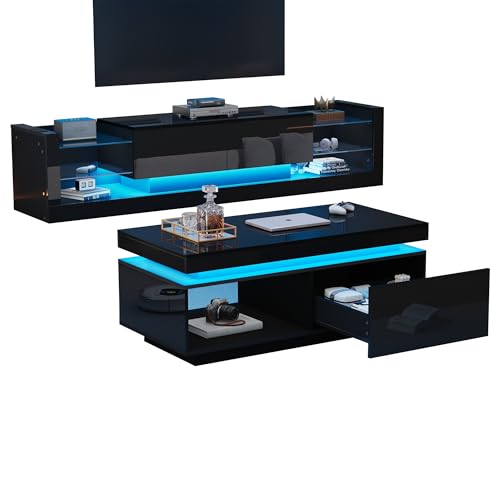 NewCosmos TV-Wandschrank-Set, schwarzer TV-Schrank + schwarzer Couchtisch, schwarzer Hochglanz-Wandschrank, Wohnzimmerset, Hochglanz-Set mit LED-Leuchten von NewCosmos