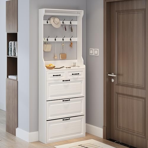 NewCosmos White Shoe Cabinet with Hanger,3 Doors 2 Drawers von NewCosmos