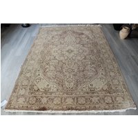 Großer Beige Teppich, Puderrosa-Beige Vintage Oushak Bereich Low Piled Area Rug von NewDawnStore