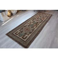 Vintage Kars Läufer, Oushak Läufer, Türkisch Braun-Beige - Blau Boho Handgewebte Woll Teppich Läufer/B-122 3'x9'2" Füße von NewDawnStore