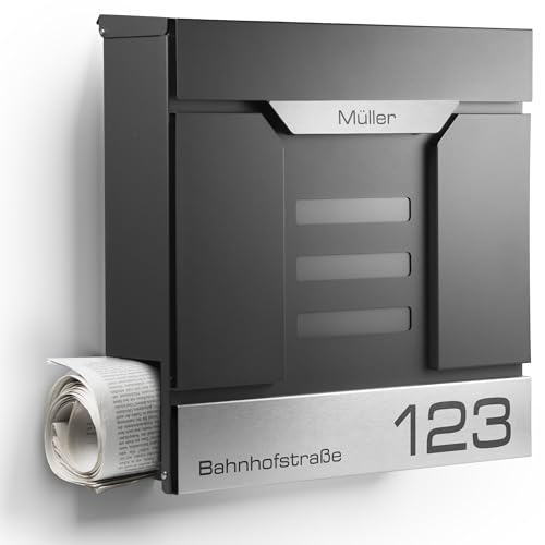 Moderner Briefkasten Personalisierbar Mailand Anthrazit RAL7016 - mit Zeitungsfach - Wandbriefkasten mit Edelstahl Namensschild und Hausnummer Gravur (Mit Gravur) von NewHabitat