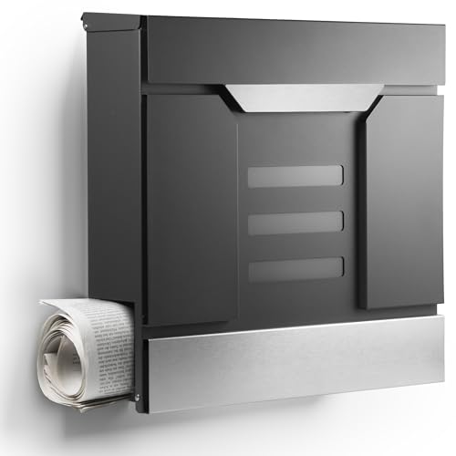 Moderner Briefkasten Personalisierbar Mailand Anthrazit RAL7016 - mit Zeitungsfach - Wandbriefkasten mit Edelstahl Namensschild und Hausnummer Gravur (Ohne Gravur) von NewHabitat