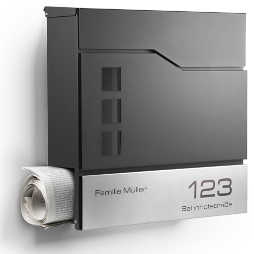 Moderner Briefkasten Personalisierbar Stockholm Anthrazit RAL7016 - mit Zeitungsfach - Wandbriefkasten mit Edelstahl Namensschild und Hausnummer Gravur (Mit Gravur) von NewHabitat