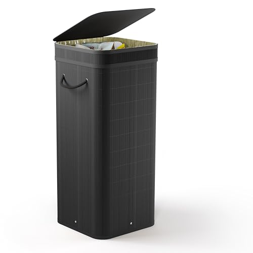 NewHabitat Gelber Sack Ständer aus Bambus I 80L Gelber Sack Behälter mit geruchsdichtem Deckel I Stabiler & Nachhaltiger Mülleimer Holz für Gelbe Säcke I Einfacher Aufbau, Schlichtes Design (Schwarz) von NewHabitat
