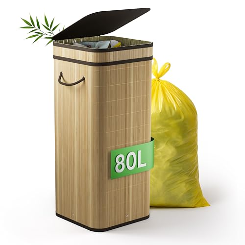 NewHabitat Gelber Sack Ständer aus Bambus I 80L Gelber Sack Behälter mit geruchsdichtem Deckel I Stabiler & Nachhaltiger Mülleimer Holz für Gelbe Säcke I Einfacher Aufbau, Schlichtes Design (Hell) von NewHabitat