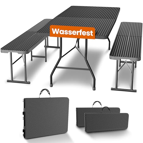 NewHabitat I Kunststoff Bierzeltgarnitur Klappbar I 3er Set, Tisch + 2 x Bank mit Tragegriffe, Biertischgarnitur, Festzeltgarnitur, Bierbank klappbar, HxBxT: 75x180x75 cm (Schwarz) von NewHabitat