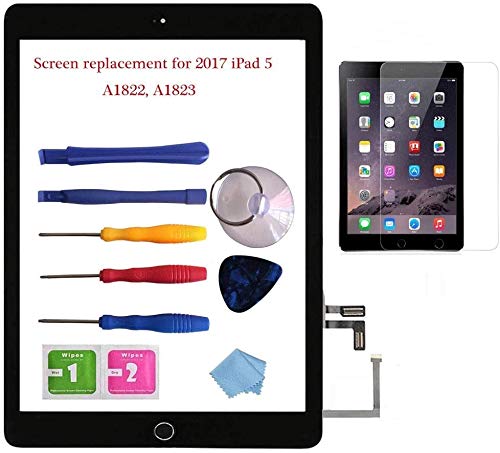 NewHail Für 2017 iPad 5 Glas Touch Screen Digitizer Ersatz Kit Schwarz A1822, A1823 mit Home Button Flex, Klebeband, Displayschutzfolie, Bedienungsanleitung und Reparaturwerkzeugset von NewHail