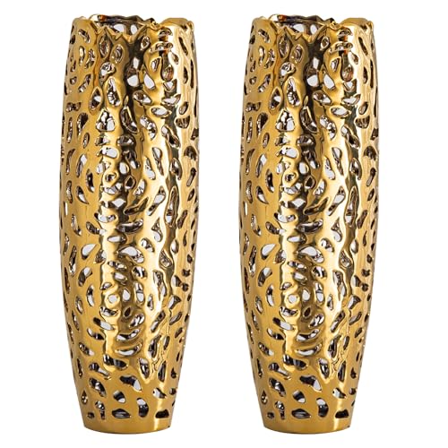 NewSangXia Boho Deko Goldene Bodenvasen Groß – 40,5 cm Hohe Vasen, Große Vasen für Boden & Schlafzimmer Deko (2er Set) von NewSangXia