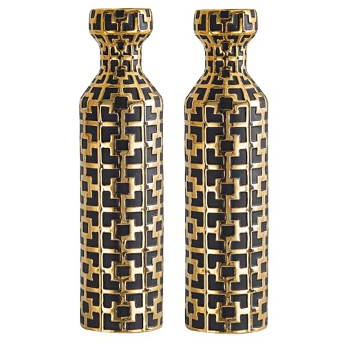 NewSangXia Schwarze Bodenvase Groß mit Goldmustern - 62 cm Keramik-Vasenpaar für Innen- und Außenbereich, Moderne große Vasen für Boden (2er Set) von NewSangXia