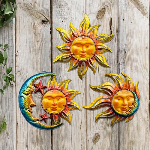 NewVees Sonnengesicht, Metall-Wandkunst, Dekoration für den Innenbereich, Sonne, Mond, Stern, Metallglas, zum Aufhängen für Garten, Gesicht, Terrasse, Gartendekoration (3 Stück) von NewVees