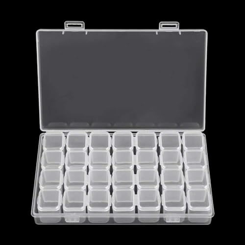 NewZC 28 Fächer Aufbewahrungsbox Kunststoff mit Deckel 28 Abnehmbar Sortierbox Plastik in Stabiler Aufbewahrungbox Schmuck Organizer für Nägelart Strass Perlen Stickerei Sortierbox - 17.5x11x2.6cm von NewZC