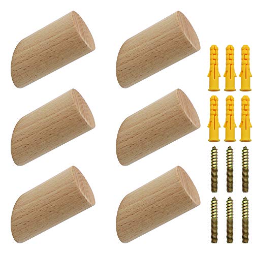 NewZC 6 Stück Holz Kleiderhaken Natürliche Holz Wandhaken 3x6cm Buche Haken 45° Haken Aufhänger für Kleidung Schal Hut Tasche - Maximale Belastung 15 kg von NewZC