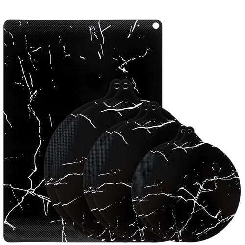NewZC Induktionsherdmatte Set 7 Stück Induktionsschutzmatte zum Kochen - 0.7mm Schwarz Induktionskochfeld Schutzmatte Hitzebeständig bis 250°C - Rund und Rechteckig Induktionsplatte Abdeckung Silikon von NewZC