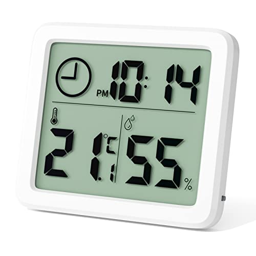 Newaner Mini Digital Thermometer, Professionelles Tragbares Großbild Hygrometer mit Uhr, Genaues Weißes Zimmerthermometer, Raumthermometer für Zuhause, Babyzimmer, Büro, Gewächshaus von Newaner