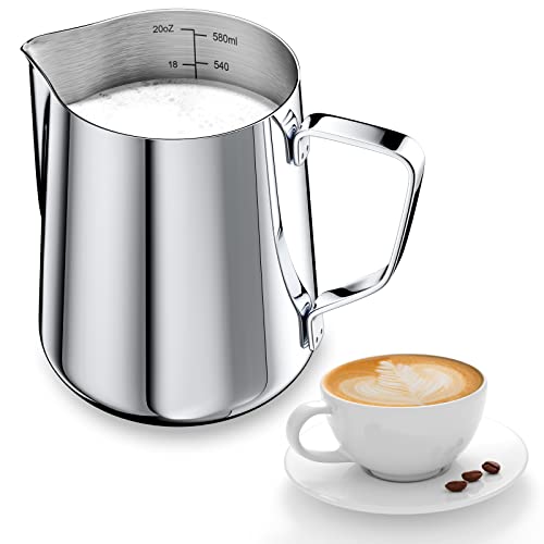 Newaner 600ml Milchkännchen zum Milchaufschäumen 304 Edelstahl, Milchkanne mit Messung Mark 21oz für Barista, Milch Pitcher für Cappuccino, Espresso, Latte Art, Perfekt für Kaffeeliebhabe, Silber von Newaner