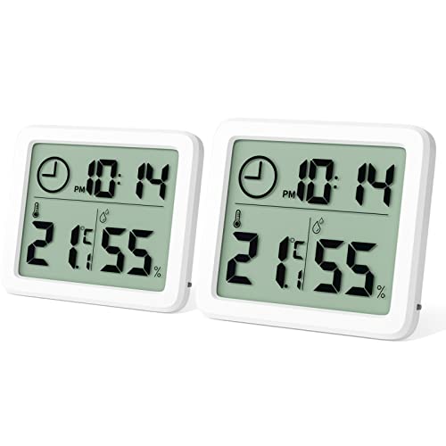 Newaner 2 stück Mini Digital Thermometer, Professionelles Tragbares Großbild Hygrometer mit Uhr, Genaues Weißes Zimmerthermometer, Raumthermometer für Zuhause, Babyzimmer, Büro, Gewächshaus von Newaner