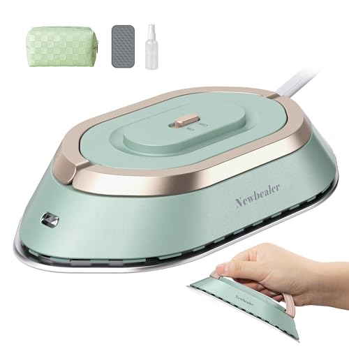 Newbealer Mini Reisebügeleisen mit Universalspannung -100-240V, Kompaktes Bügeleisen für Kleidung (kein Dampf), Keramikfläche, 150 °C Heißpress mit Sprühflasche, Beutel und Silikonständer, grün von Newbealer