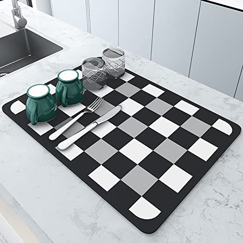 Newellsail Abtropfmatte Super Saugfähige Trockenmatte Kieselalgen-Schlamm Abtropfmatte Rutschfest Geschirrregal-Pad Schnelltrocknend Drying Matte für Küchentheke 30x40cm (Schachbrett) von Newellsail