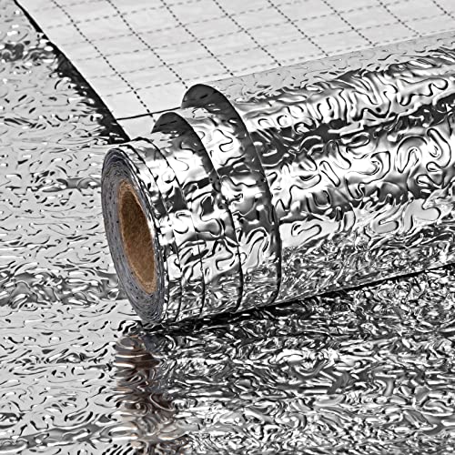 Newellsail Öldichte Küchenaufkleber Selbstklebend Tapete Küche Aluminiumfolien-Aufkleber Wasserdicht Silber Küchenschränke Möbelfolie für Arbeitsplatten Küchenschränke 40cmx300cm von Newellsail