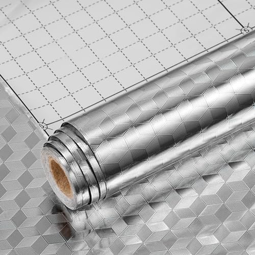 Newellsail Öldichte Küchenaufkleber Selbstklebend Tapete Küche Aluminiumfolien-Aufkleber Wasserdicht Silber Küchenschränke Möbelfolie für Arbeitsplatten Küchenschränke 40x300cm (Prismamuster) von Newellsail