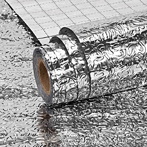 Öldichte Küchenaufkleber Selbstklebend Tapete Küche Aluminiumfolien-Aufkleber Wasserdicht Silber Küchenschränke Möbelfolie für Arbeitsplatten Küchenschränke 40cmx300cm von Newellsail