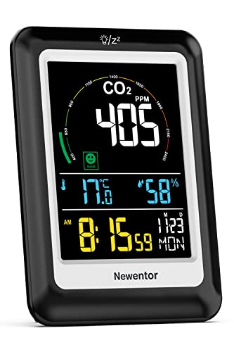 Newentor CO2 Messgerät, 4 CO2-Konzentrationsstufen mit Alarm und Lüftungsempfehlungen, Batteriebetrieb & USB-Anschluss mit 3 Helligkeitsstufen, für Schulen, Büro, Wohnzimmer, NDIR, Schwarz, 1er Pack von Newentor