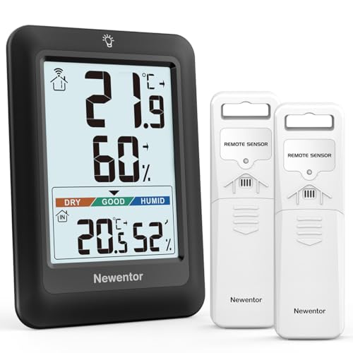 Newentor MAX MIN Thermometer innen außen 24/48 Std./alle Zeiten - Hygrometer Luftfeuchtigkeitsmesser mit Luftkomfort - Wetterstation Funk mit 2 Außensensor - Raumthermometer mit Beleuchtung, Schwarz von Newentor
