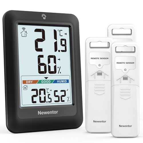 Newentor MAX MIN Thermometer innen außen 24/48 Std./alle Zeiten - Hygrometer Luftfeuchtigkeitsmesser mit Luftkomfort - Wetterstation Funk mit 3 Außensensor - Raumthermometer mit Beleuchtung, Schwarz von Newentor