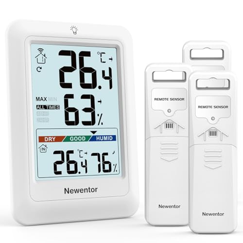 Newentor MAX MIN Thermometer innen außen 24/48 Std./alle Zeiten - Hygrometer Luftfeuchtigkeitsmesser mit Luftkomfort - Wetterstation Funk mit 3 Außensensor - Raumthermometer mit Beleuchtung, Weiß von Newentor