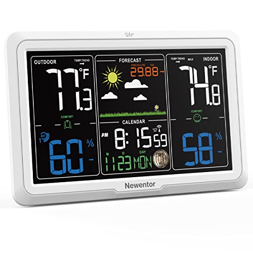 Newentor Weather Station Wireless Indoor Outdoor, 7.5in Display Atomic Clock, Inside Outside Thermometer and Hygrometer with Weather Alert, Barometer and Weather Forecast, Time and Calendar, White von Newentor