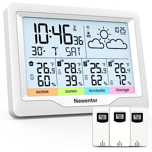 Newentor Wetterstation - 3 Außensensoren mit Lebenslanger Garantie - Indoor Outdoor Thermometer Hygrometer mit DIY Label, Wettervorhersage, DCF-Funkuhr (Weiß) von Newentor