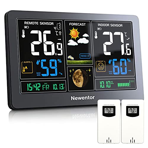Newentor Wetterstation Funk mit 2 Außensensoren - Funkwetterstation mit Wettervorhersage, Temperaturwarnung, DCF Funkuhr - Batteriebetrieb und Netzbetrieb, Schwarz von Newentor