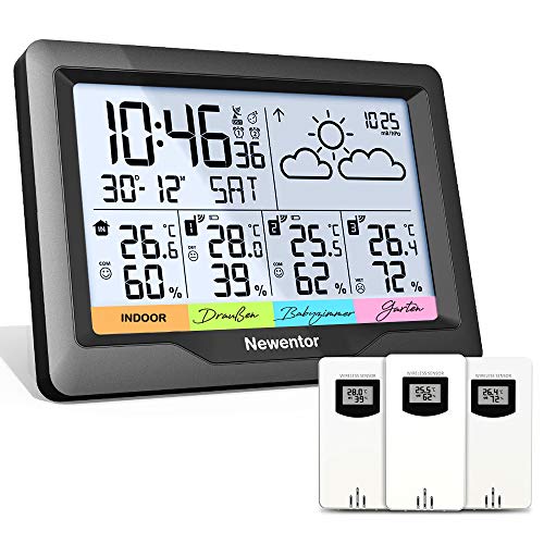 Newentor Wetterstation Funk mit 3 Außensensor Innen und Außen Thermometer Hygrometer DCF-Funkuhr Multifunktionale Funkwetterstation mit Wettervorhersage von Newentor