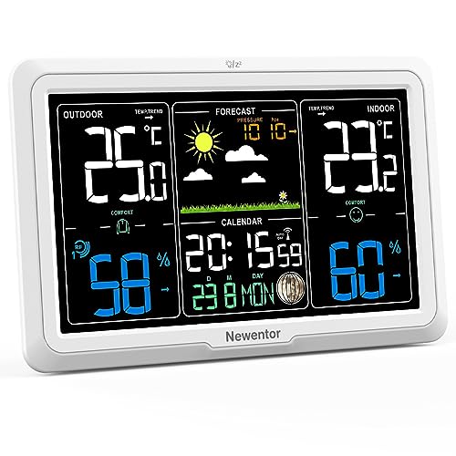 Newentor Wetterstation Funk mit Außensensor - Lebenslange Außensensor-Garantee - Lebendiges VA-Display für 330°Ablesbarkeit - Dauerhafte Beleuchtung, Weiß von Newentor