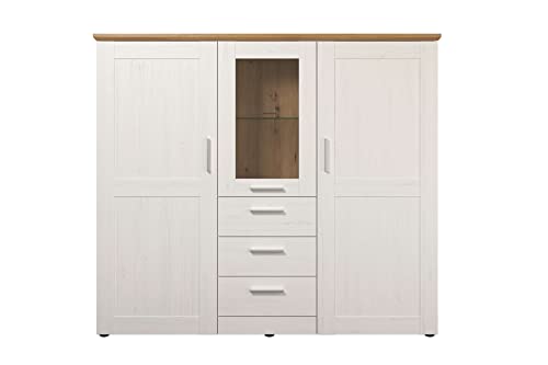 Newfurn Highboard Pine weiß Kommode Landhaus Modern - 159x140x41 cm (BxHxT) - Schrank Sideboard Anrichte - [Zante.Four] Wohnzimmer Schlafzimmer Flur Büro von Newfurn